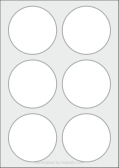 Herma® 4478 template with 6 circle labels per sheet, each 85 millimeter in diameter, on A4-size adhesive blank label sheets.