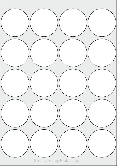 LabelLine® LL-40469 template with 20 circle labels per sheet, each 50 millimeter in diameter, on A4-size adhesive blank label sheets.