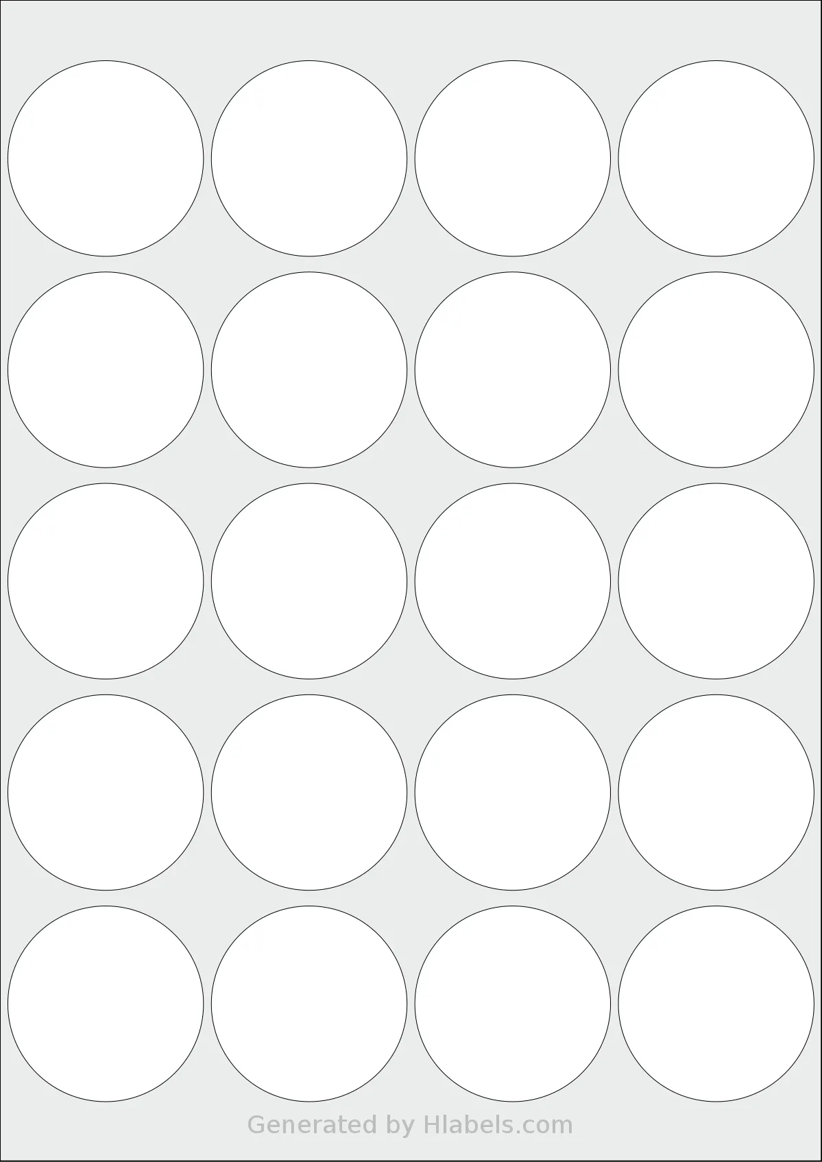 LabelLine® LL-40469 template with 20 circle labels per sheet, each 50 millimeter in diameter, on A4-size adhesive blank label sheets.