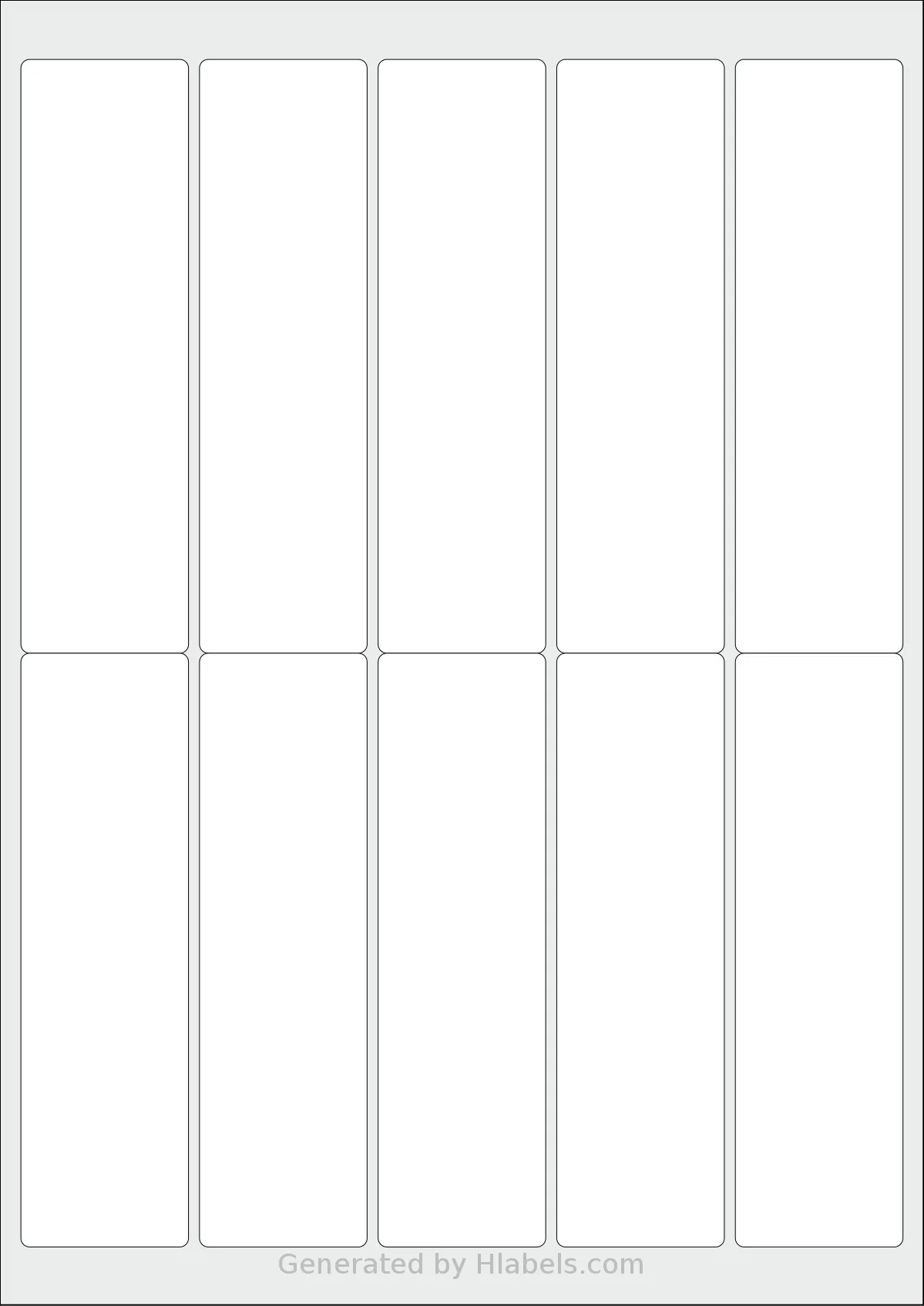 LabelPlanet® LP10-38 template with 10 rectangular 38.1 x 135 millimeter labels per sheet, on A4-size adhesive blank label sheets.