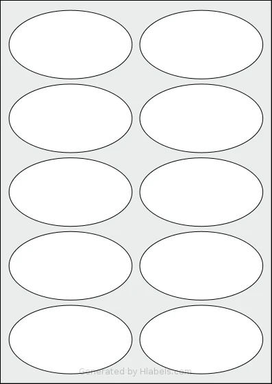 LabelPlanet® LP10-95OV template with 10 oval 95 x 53 millimeter labels per sheet, on A4-size adhesive blank label sheets.