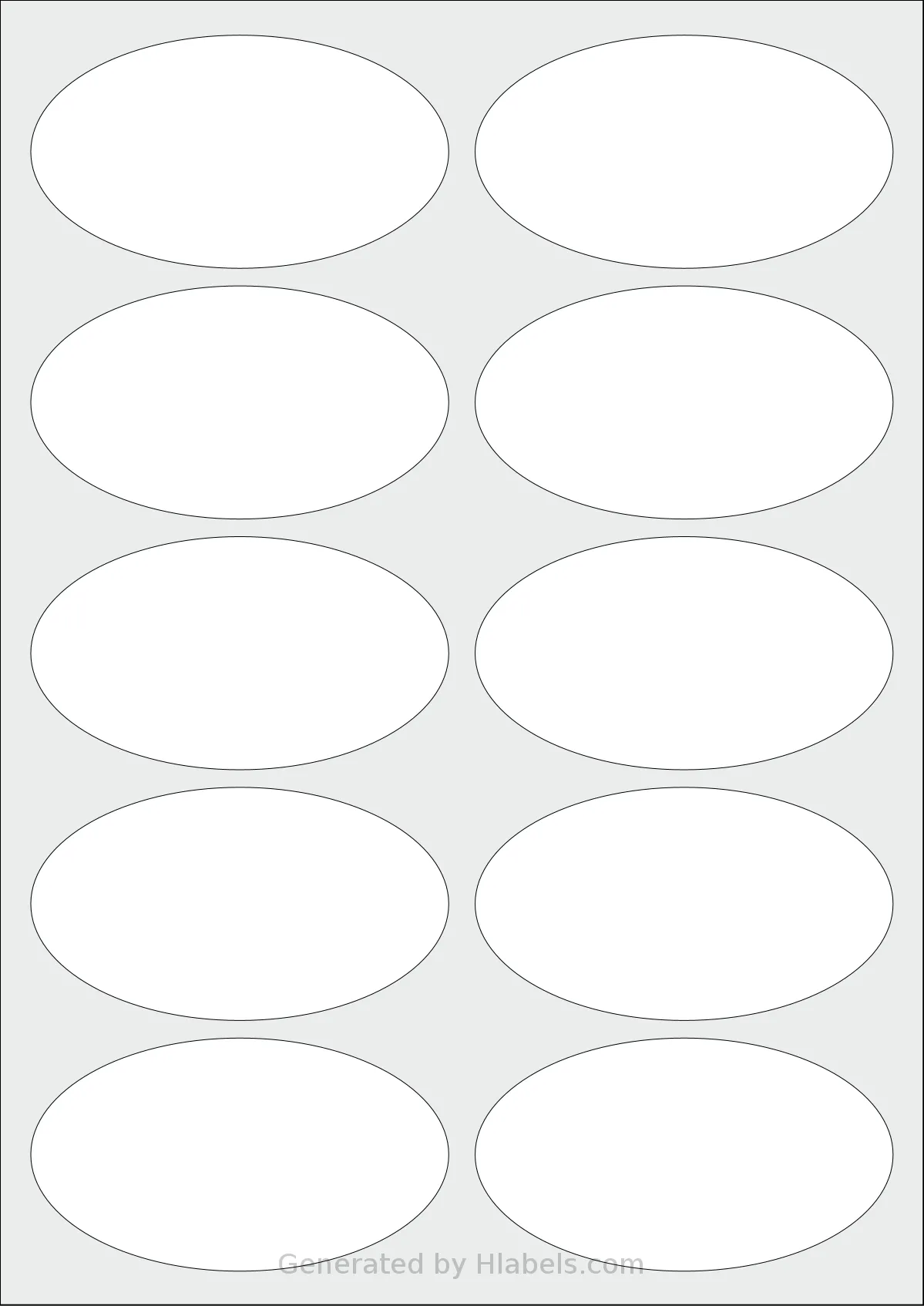 LabelPlanet® LP10-95OV template with 10 oval 95 x 53 millimeter labels per sheet, on A4-size adhesive blank label sheets.
