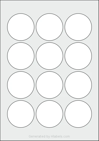 LabelPlanet® LP12-57R template with 12 circle labels per sheet, each 57 millimeter in diameter, on A4-size adhesive blank label sheets.