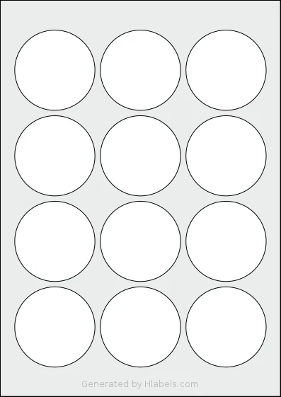 LabelPlanet® LP12-60R template with 12 circle labels per sheet, each 60 millimeter in diameter, on A4-size adhesive blank label sheets.