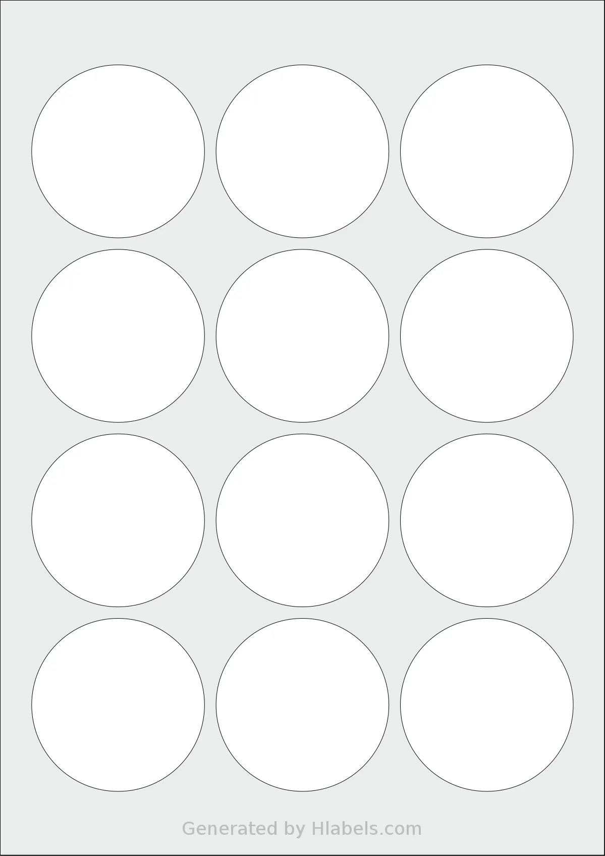 LabelPlanet® LP12-60R template with 12 circle labels per sheet, each 60 millimeter in diameter, on A4-size adhesive blank label sheets.