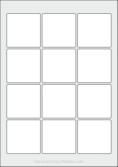 LabelPlanet® LP12-60SQ template with 12 square 60 x 60 millimeter labels per sheet, on A4-size adhesive blank label sheets.