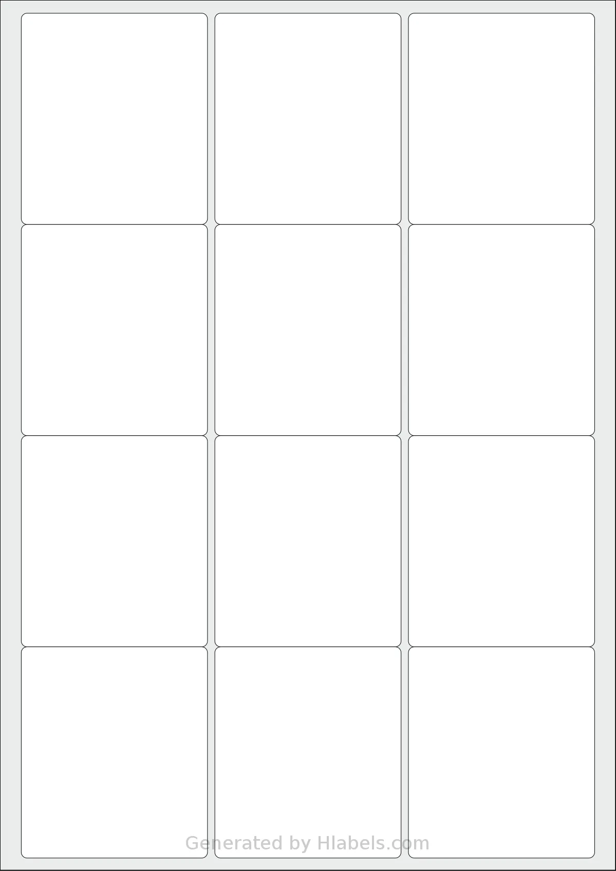 LabelPlanet® LP12-63 template with 12 rectangular 63.5 x 72 millimeter labels per sheet, on A4-size adhesive blank label sheets.