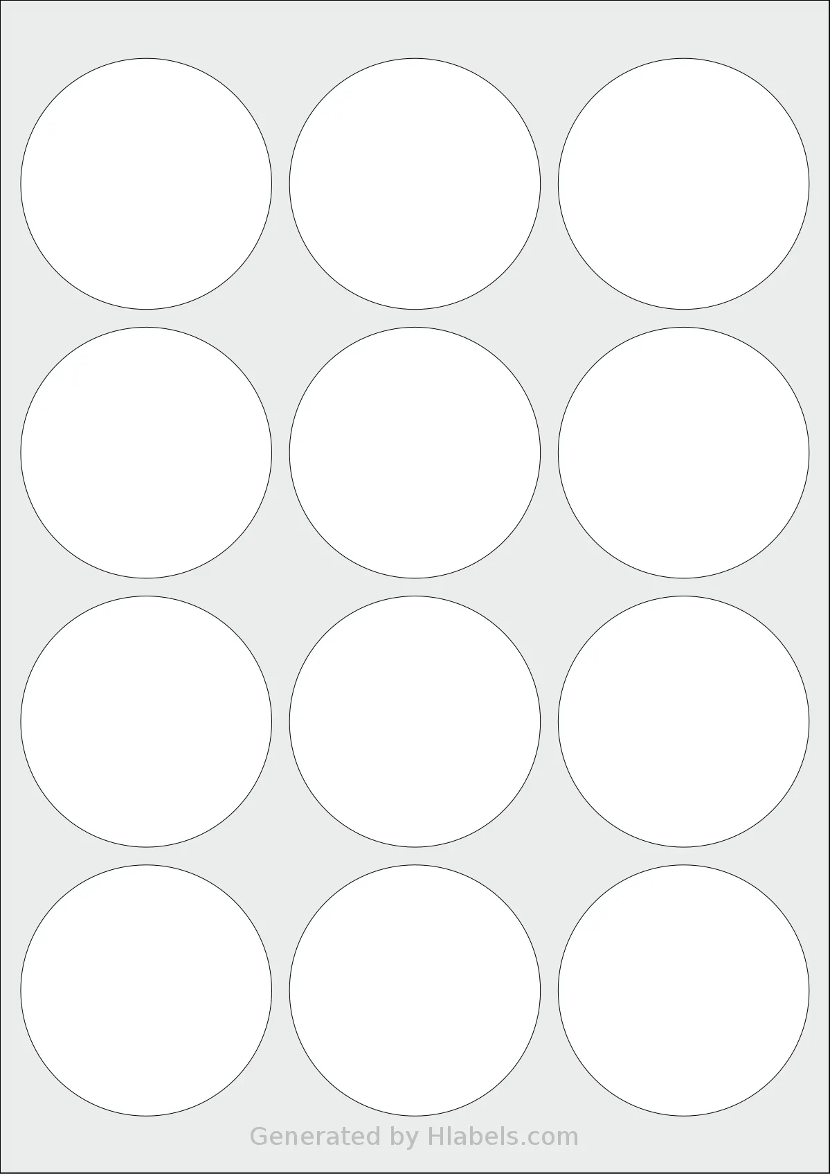 LabelPlanet® LP12-64R template with 12 circle labels per sheet, each 63.5 millimeter in diameter, on A4-size adhesive blank label sheets.