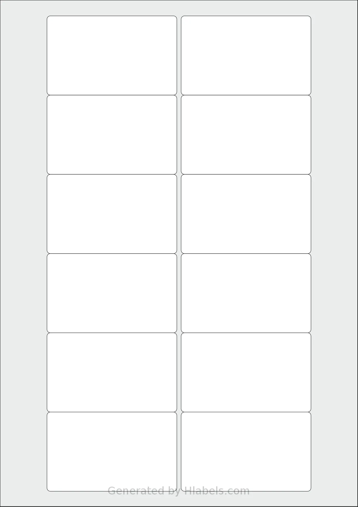 LabelPlanet® LP12-76 template with 12 rectangular 76.2 x 46.4 millimeter labels per sheet, on A4-size adhesive blank label sheets.