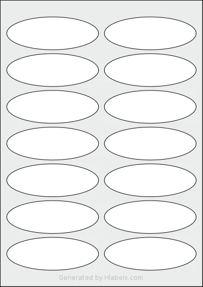 LabelPlanet® LP14-95OV template with 14 oval 95 x 34 millimeter labels per sheet, on A4-size adhesive blank label sheets.