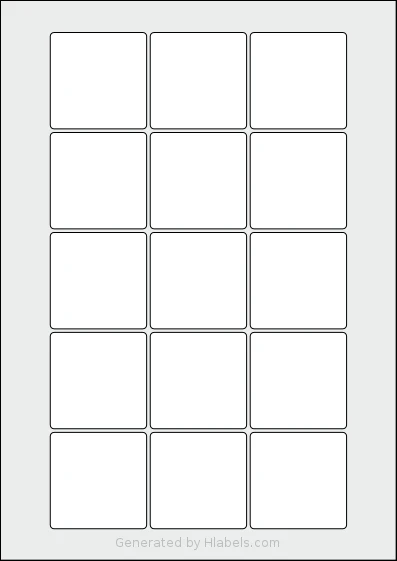 LabelPlanet® LP15-51SQ template with 15 square 51 x 51 millimeter labels per sheet, on A4-size adhesive blank label sheets.