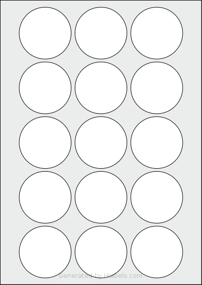 LabelPlanet® LP15-54R template with 15 circle labels per sheet, each 54 millimeter in diameter, on A4-size adhesive blank label sheets.