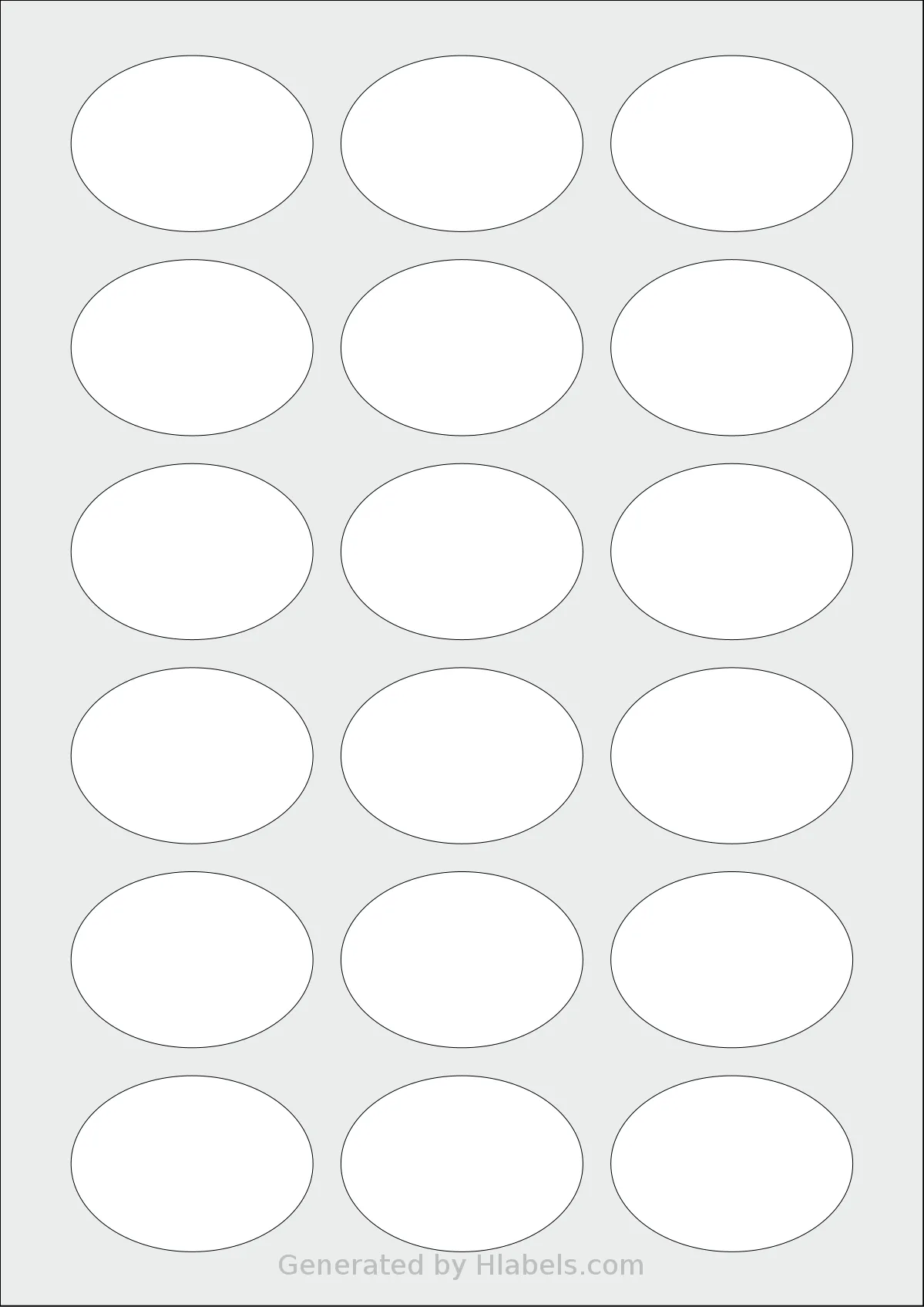 LabelPlanet® LP18-55OV template with 18 oval 55 x 40 millimeter labels per sheet, on A4-size adhesive blank label sheets.