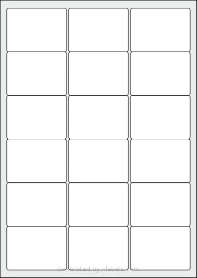 LabelPlanet® LP18-63 template with 18 rectangular 63.5 x 46.6 millimeter labels per sheet, on A4-size adhesive blank label sheets.