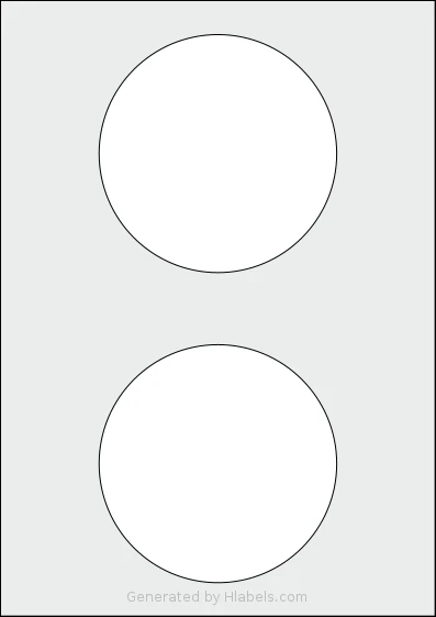 LabelPlanet® LP2-115R template with 2 circle labels per sheet, each 114.5 millimeter in diameter, on A4-size adhesive blank label sheets.