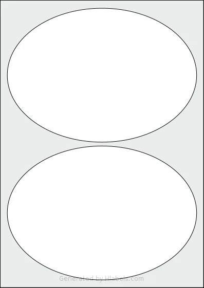 LabelPlanet® LP2-195OV template with 2 oval 195 x 138 millimeter labels per sheet, on A4-size adhesive blank label sheets.