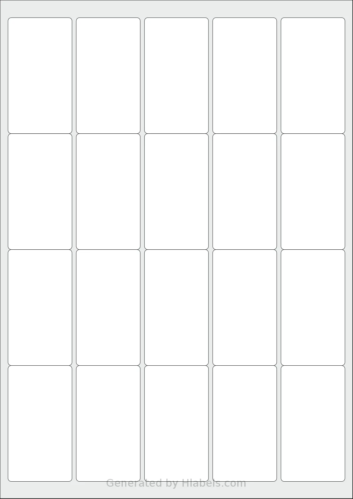 LabelPlanet® LP20-38 template with 20 rectangular 38.1 x 69 millimeter labels per sheet, on A4-size adhesive blank label sheets.