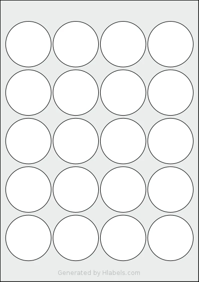 LabelPlanet® LP20-48R template with 20 circle labels per sheet, each 48 millimeter in diameter, on A4-size adhesive blank label sheets.