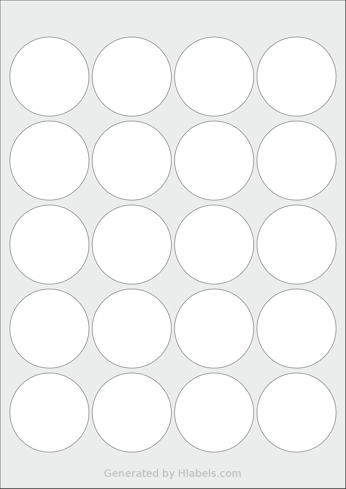 LabelPlanet® LP20-48R template with 20 circle labels per sheet, each 48 millimeter in diameter, on A4-size adhesive blank label sheets.