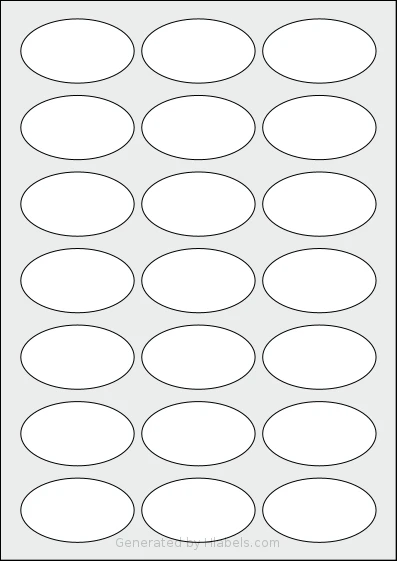 LabelPlanet® LP21-60OV template with 21 oval 60 x 34 millimeter labels per sheet, on A4-size adhesive blank label sheets.
