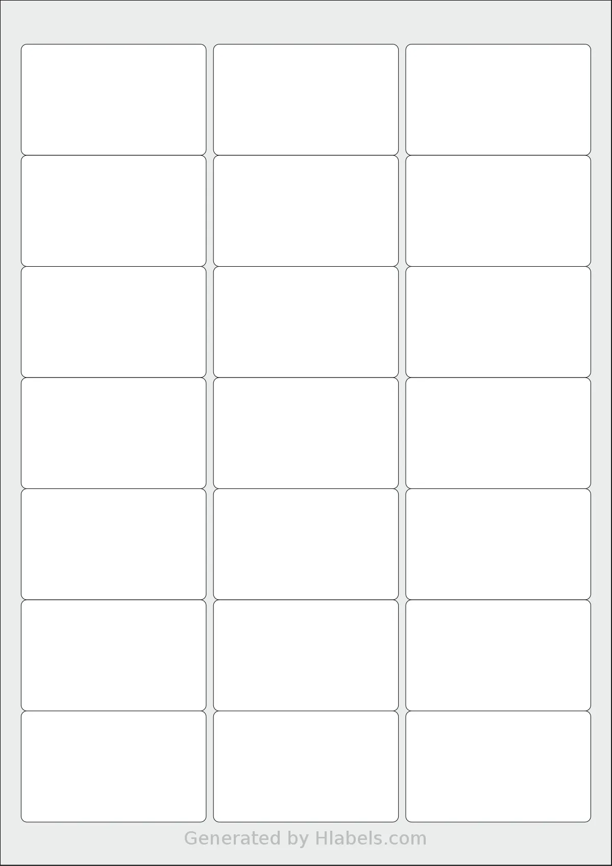 LabelPlanet® LP21-63 template with 21 rectangular 63.5 x 38.1 millimeter labels per sheet, on A4-size adhesive blank label sheets.