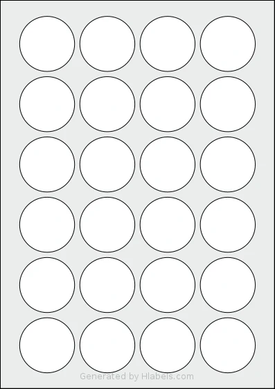 LabelPlanet® LP24-42R template with 24 circle labels per sheet, each 42 millimeter in diameter, on A4-size adhesive blank label sheets.