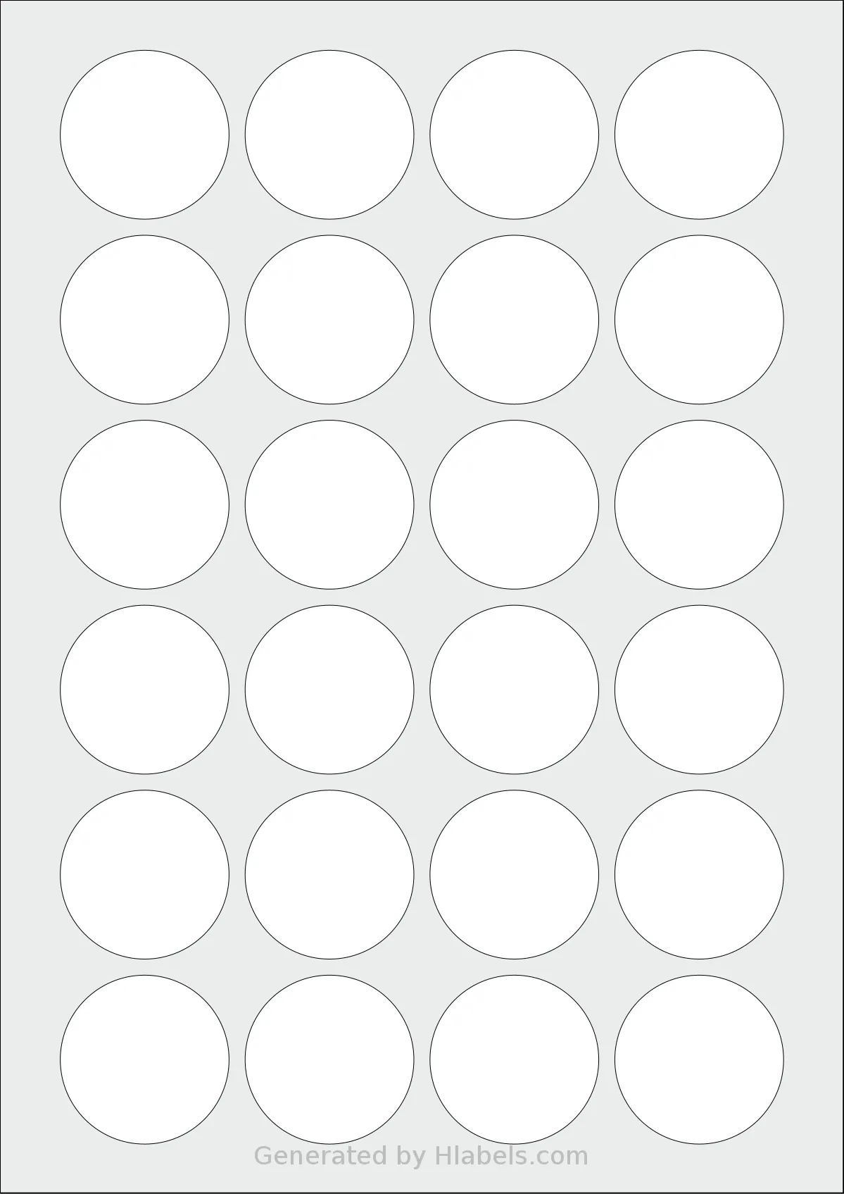 LabelPlanet® LP24-42R template with 24 circle labels per sheet, each 42 millimeter in diameter, on A4-size adhesive blank label sheets.