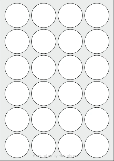 LabelPlanet® LP24-45R template with 24 circle labels per sheet, each 45 millimeter in diameter, on A4-size adhesive blank label sheets.