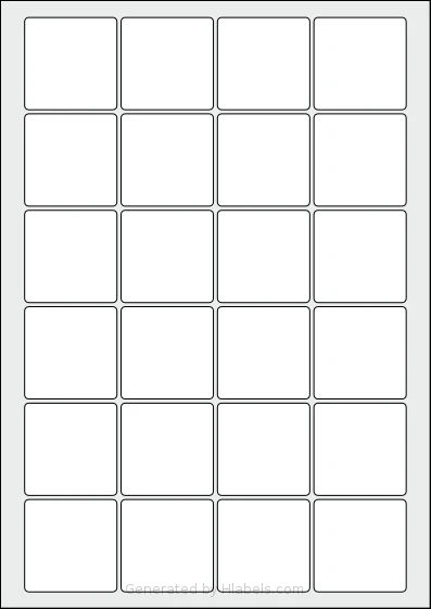 LabelPlanet® LP24-45SQ template with 24 square 45 x 45 millimeter labels per sheet, on A4-size adhesive blank label sheets.