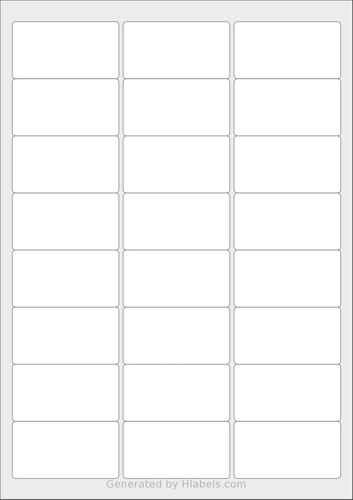 LabelPlanet® LP24-63 template with 24 rectangular 63.5 x 33.9 millimeter labels per sheet, on A4-size adhesive blank label sheets.