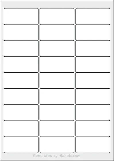 LabelPlanet® LP27-63 template with 27 rectangular 63.5 x 29.6 millimeter labels per sheet, on A4-size adhesive blank label sheets.