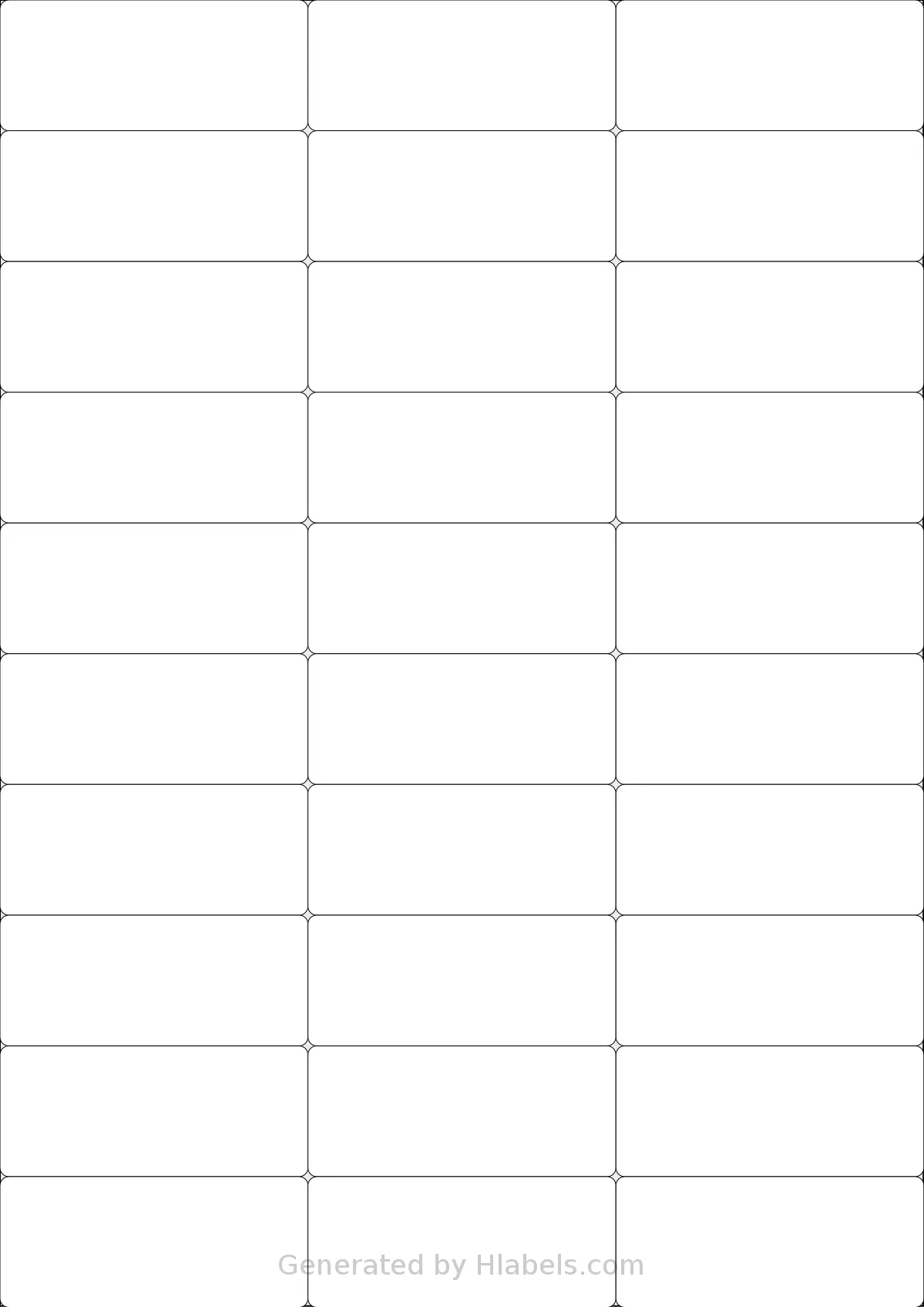LabelPlanet® LP30-70 template with 30 rectangular 70 x 29.7 millimeter labels per sheet, on A4-size adhesive blank label sheets.