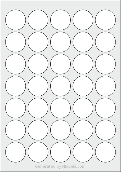 LabelPlanet® LP35-35R template with 35 circle labels per sheet, each 35 millimeter in diameter, on A4-size adhesive blank label sheets.