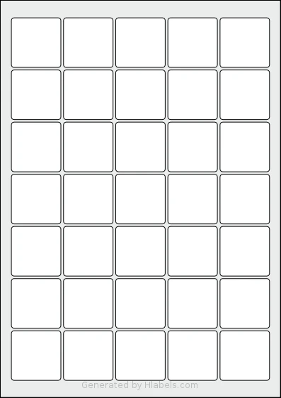 LabelPlanet® LP35-37SQ template with 35 square 37 x 37 millimeter labels per sheet, on A4-size adhesive blank label sheets.