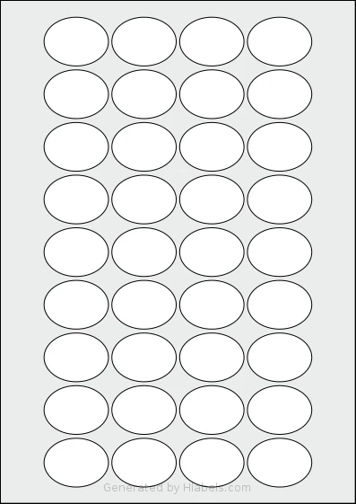 LabelPlanet® LP36-38OV template with 36 oval 38 x 28.7 millimeter labels per sheet, on A4-size adhesive blank label sheets.