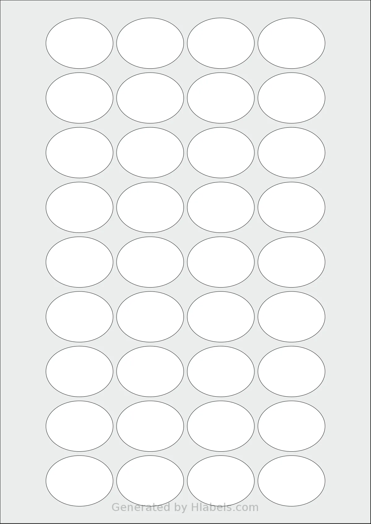 LabelPlanet® LP36-38OV template with 36 oval 38 x 28.7 millimeter labels per sheet, on A4-size adhesive blank label sheets.