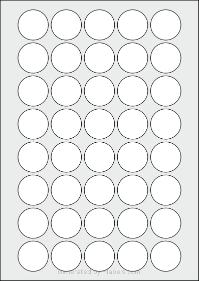 LabelPlanet® LP40-32R template with 40 circle labels per sheet, each 32 millimeter in diameter, on A4-size adhesive blank label sheets.