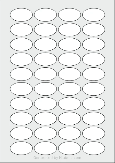 LabelPlanet® LP40-41OV template with 40 oval 41 x 24 millimeter labels per sheet, on A4-size adhesive blank label sheets.
