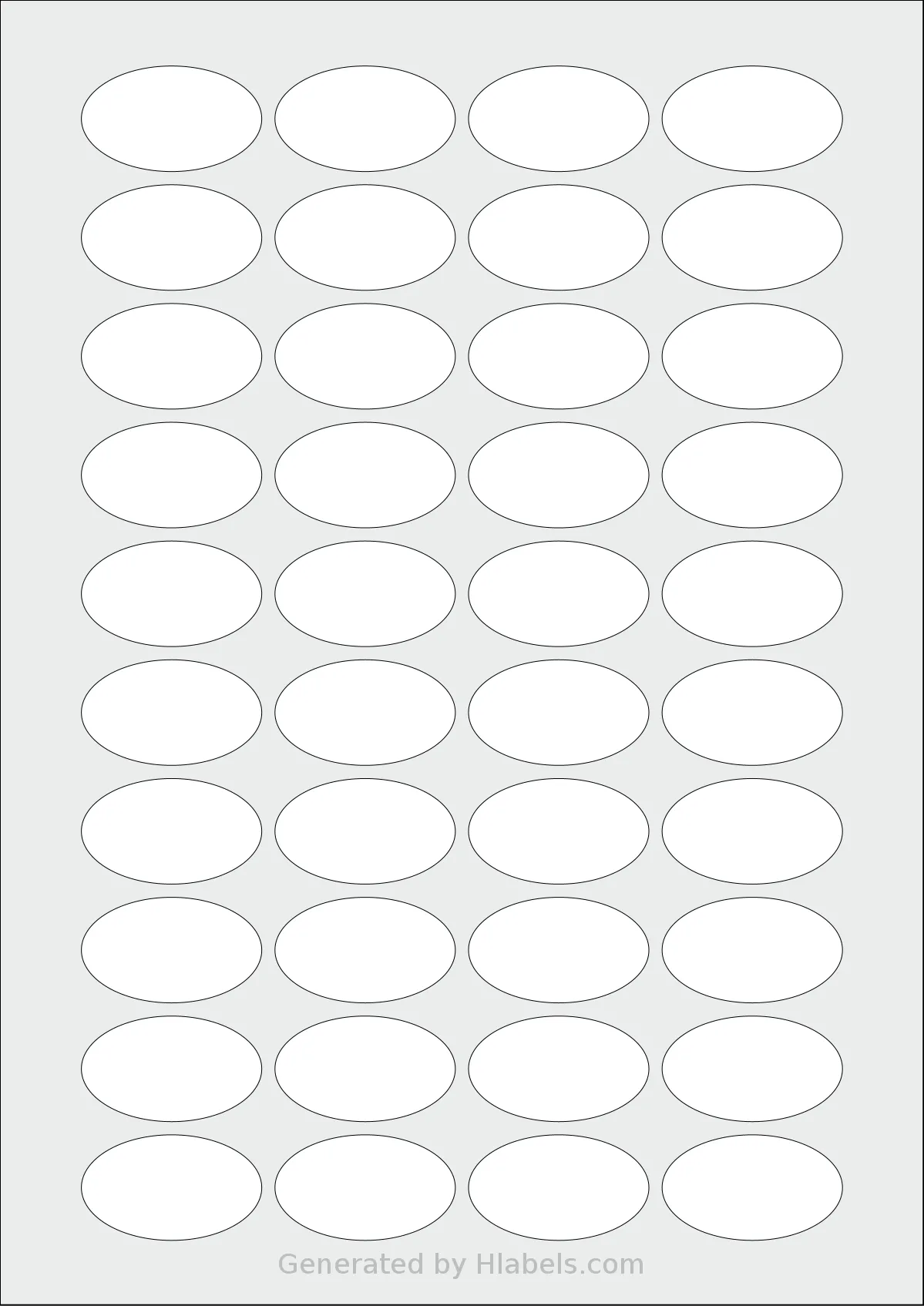 LabelPlanet® LP40-41OV template with 40 oval 41 x 24 millimeter labels per sheet, on A4-size adhesive blank label sheets.