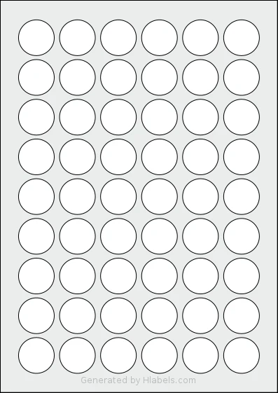 LabelPlanet® LP54-27R template with 54 circle labels per sheet, each 27 millimeter in diameter, on A4-size adhesive blank label sheets.