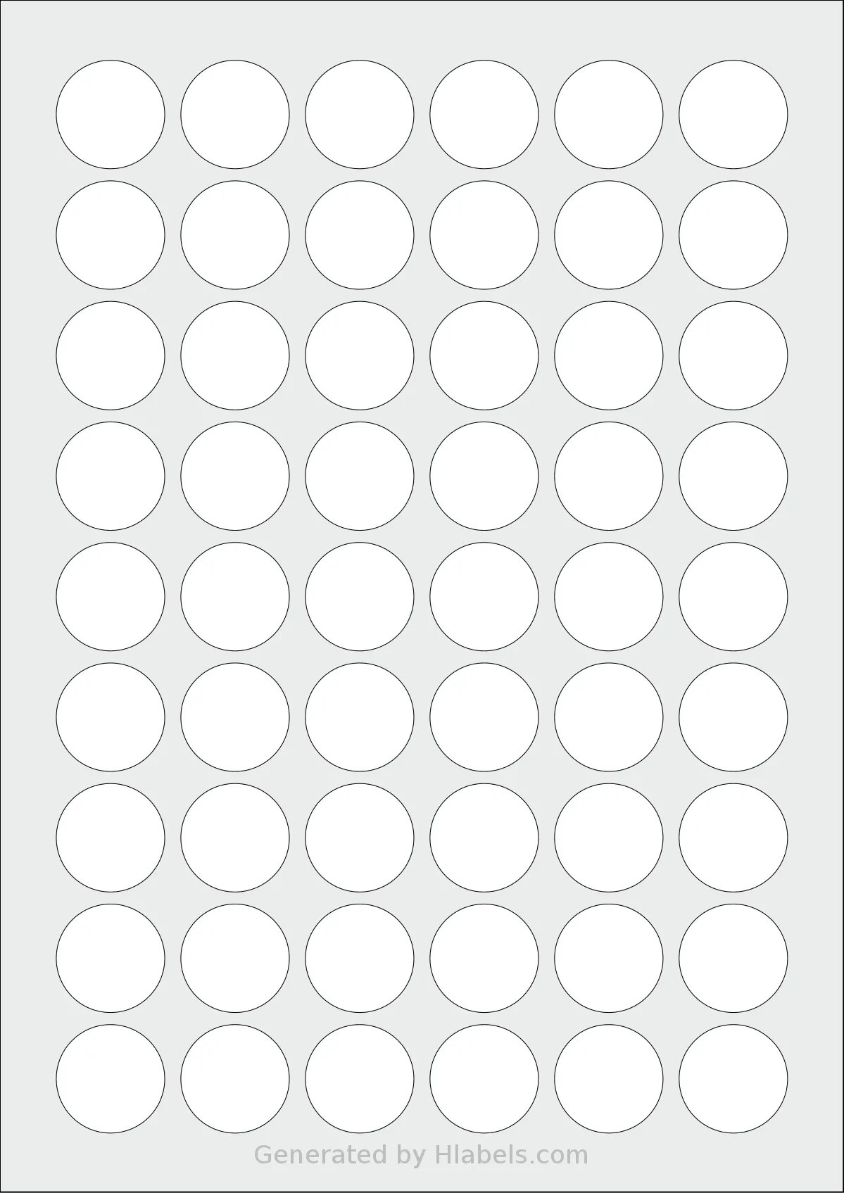 LabelPlanet® LP54-27R template with 54 circle labels per sheet, each 27 millimeter in diameter, on A4-size adhesive blank label sheets.