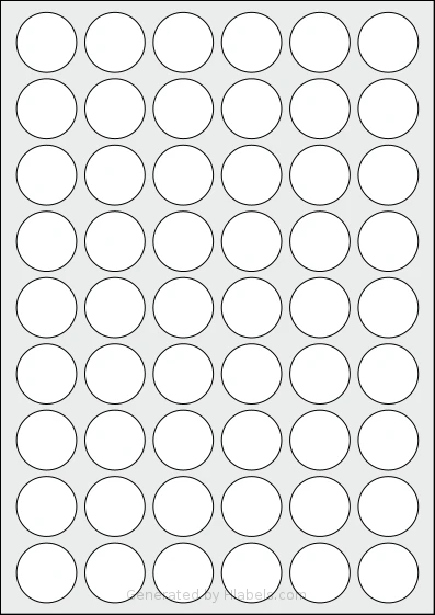 LabelPlanet® LP54-29R template with 54 circle labels per sheet, each 29 millimeter in diameter, on A4-size adhesive blank label sheets.