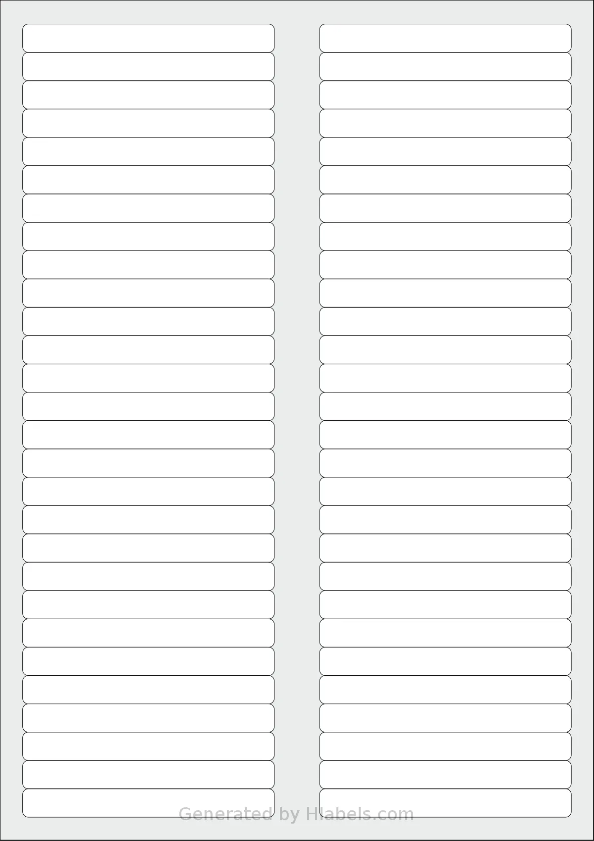 LabelPlanet® LP56-89 template with 56 rectangular 89 x 10 millimeter labels per sheet, on A4-size adhesive blank label sheets.