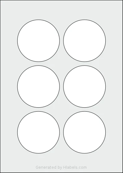 LabelPlanet® LP6-72R template with 6 circle labels per sheet, each 72 millimeter in diameter, on A4-size adhesive blank label sheets.