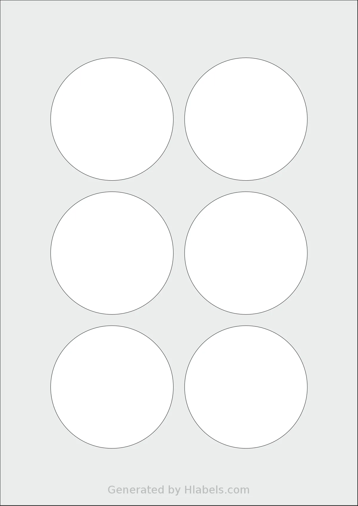 LabelPlanet® LP6-72R template with 6 circle labels per sheet, each 72 millimeter in diameter, on A4-size adhesive blank label sheets.