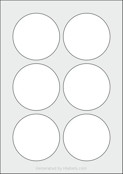 LabelPlanet® LP6-80R template with 6 circle labels per sheet, each 80 millimeter in diameter, on A4-size adhesive blank label sheets.