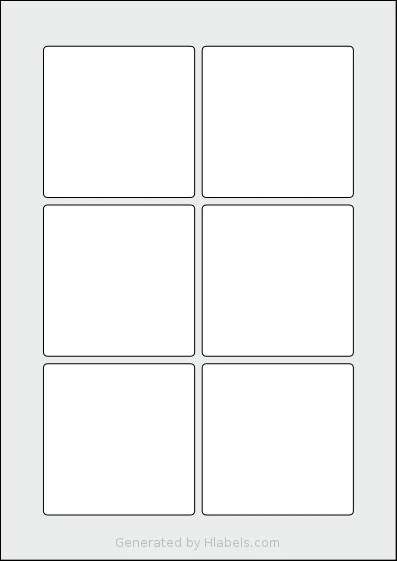 LabelPlanet® LP6-80SQ template with 6 square 80 x 80 millimeter labels per sheet, on A4-size adhesive blank label sheets.