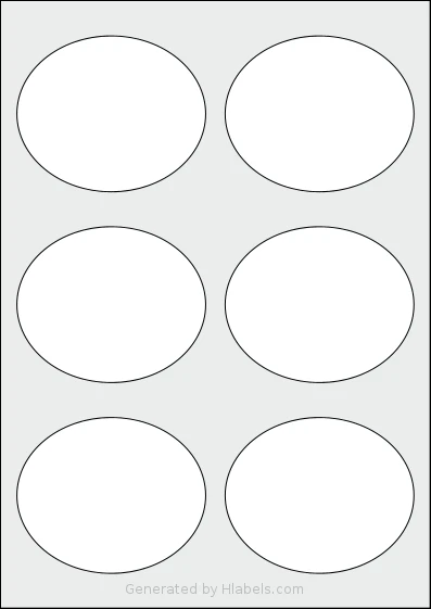 LabelPlanet® LP6-92OV template with 6 oval 92 x 76 millimeter labels per sheet, on A4-size adhesive blank label sheets.