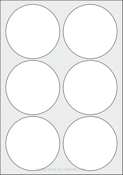 LabelPlanet® LP6-92R template with 6 circle labels per sheet, each 92 millimeter in diameter, on A4-size adhesive blank label sheets.