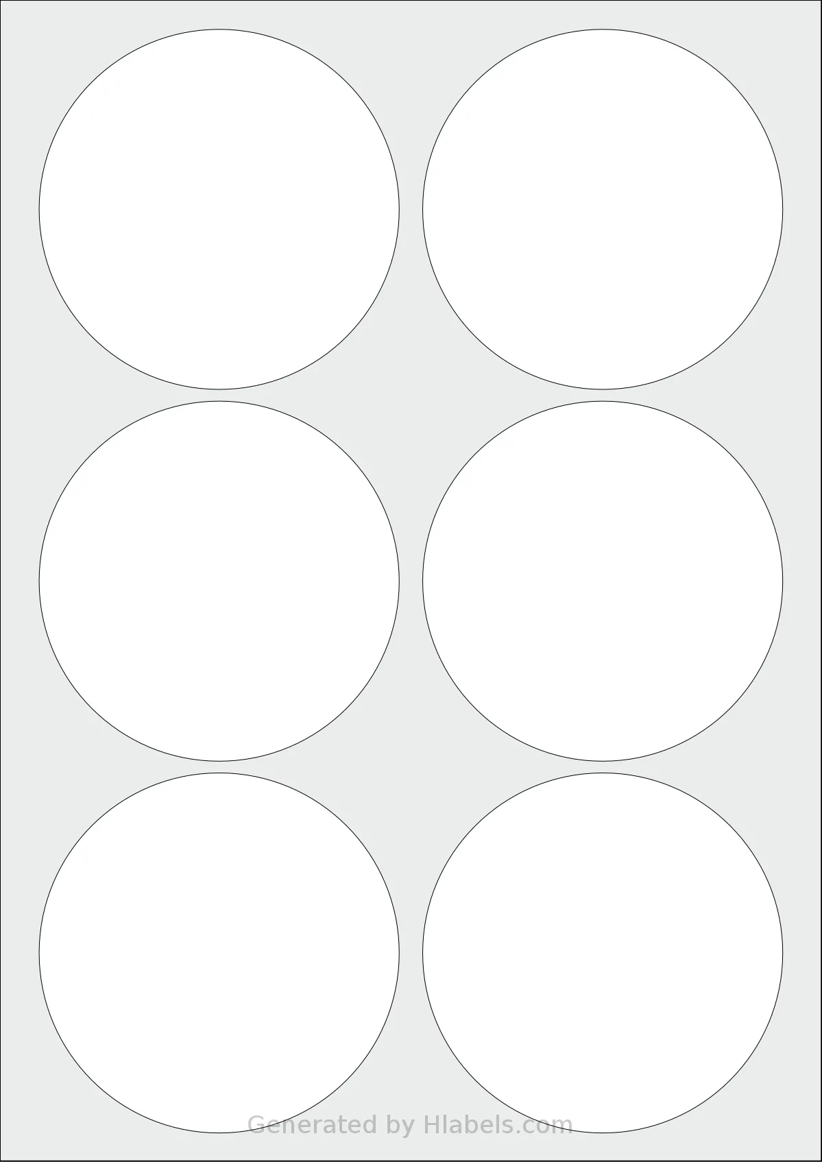 LabelPlanet® LP6-92R template with 6 circle labels per sheet, each 92 millimeter in diameter, on A4-size adhesive blank label sheets.